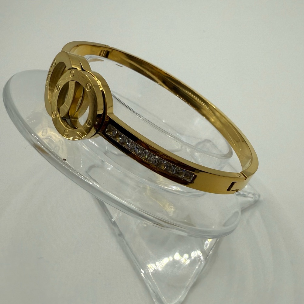 Goldstone Bangle Bracelet With Interlocking Rings… - image 4